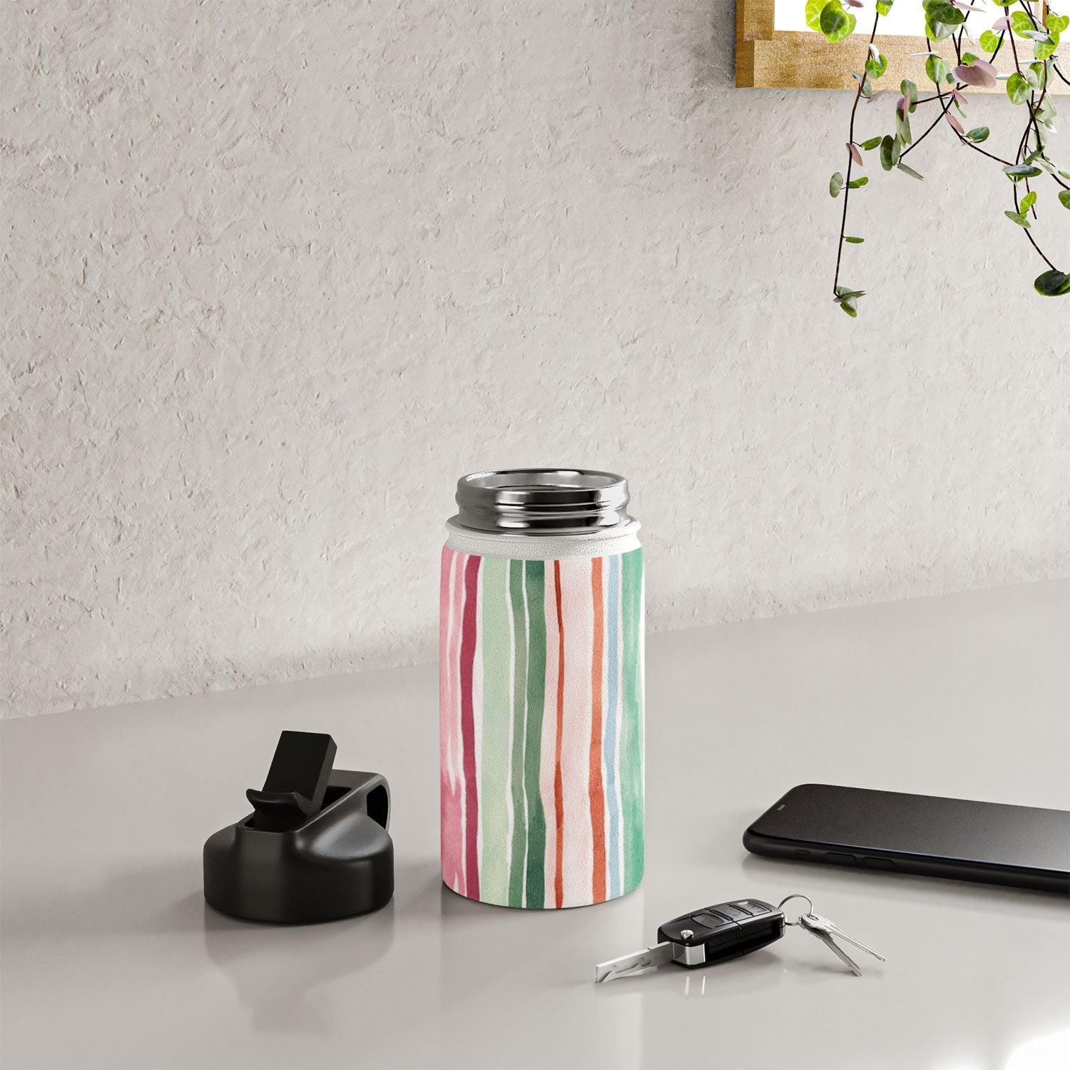 Ninola Design Botanic Retreat Watercolor Stripes Green Orange Red Water Bottle