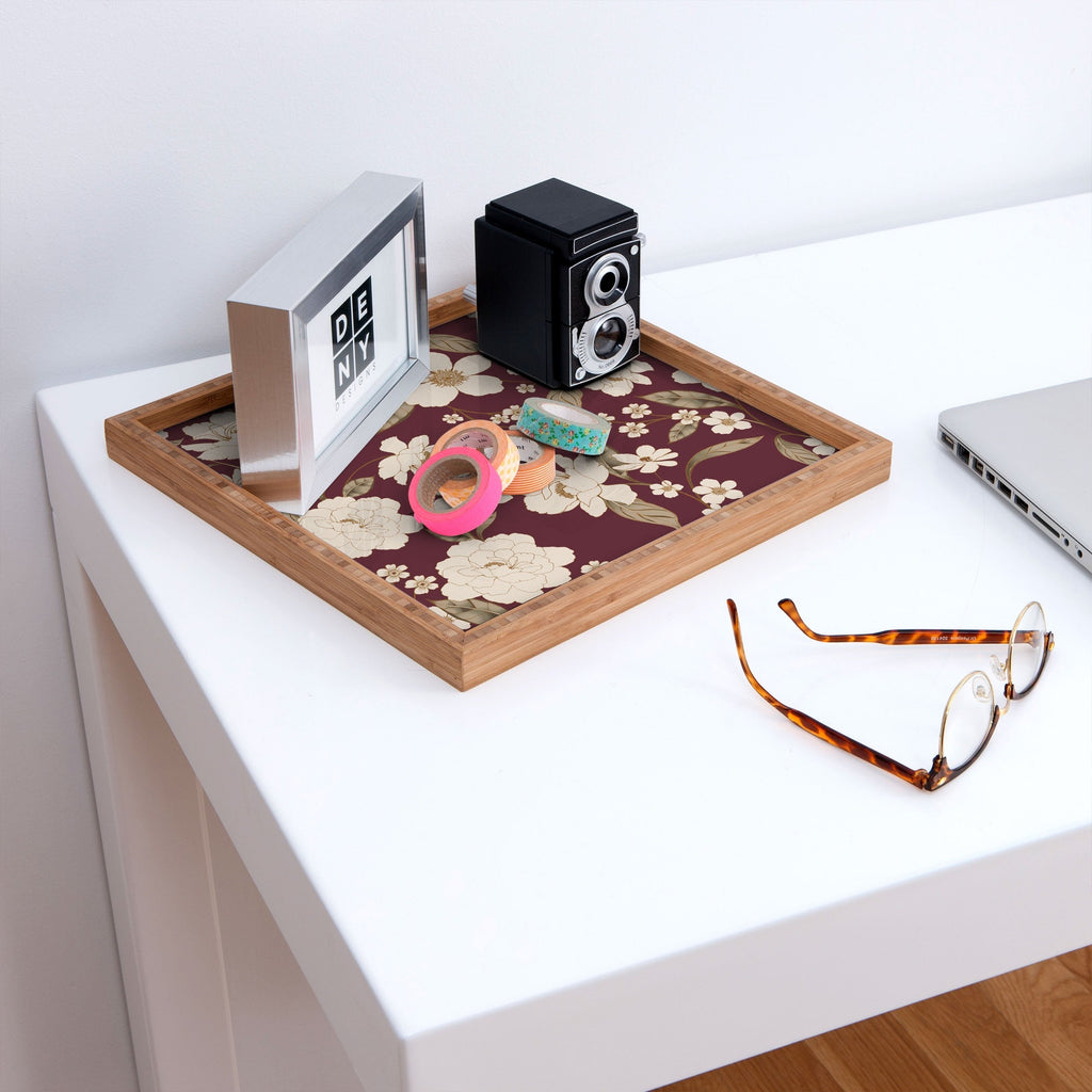 Gabriela Fuente Burgundy Floral Roberta Square Tray