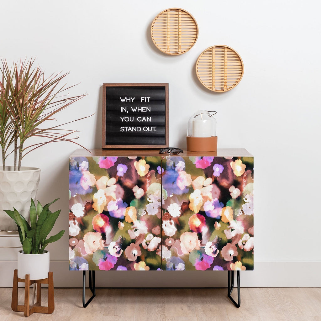 Ninola Design Botanic Retreat Ombre Abstract Watercolor Flowers Pink gold Credenza