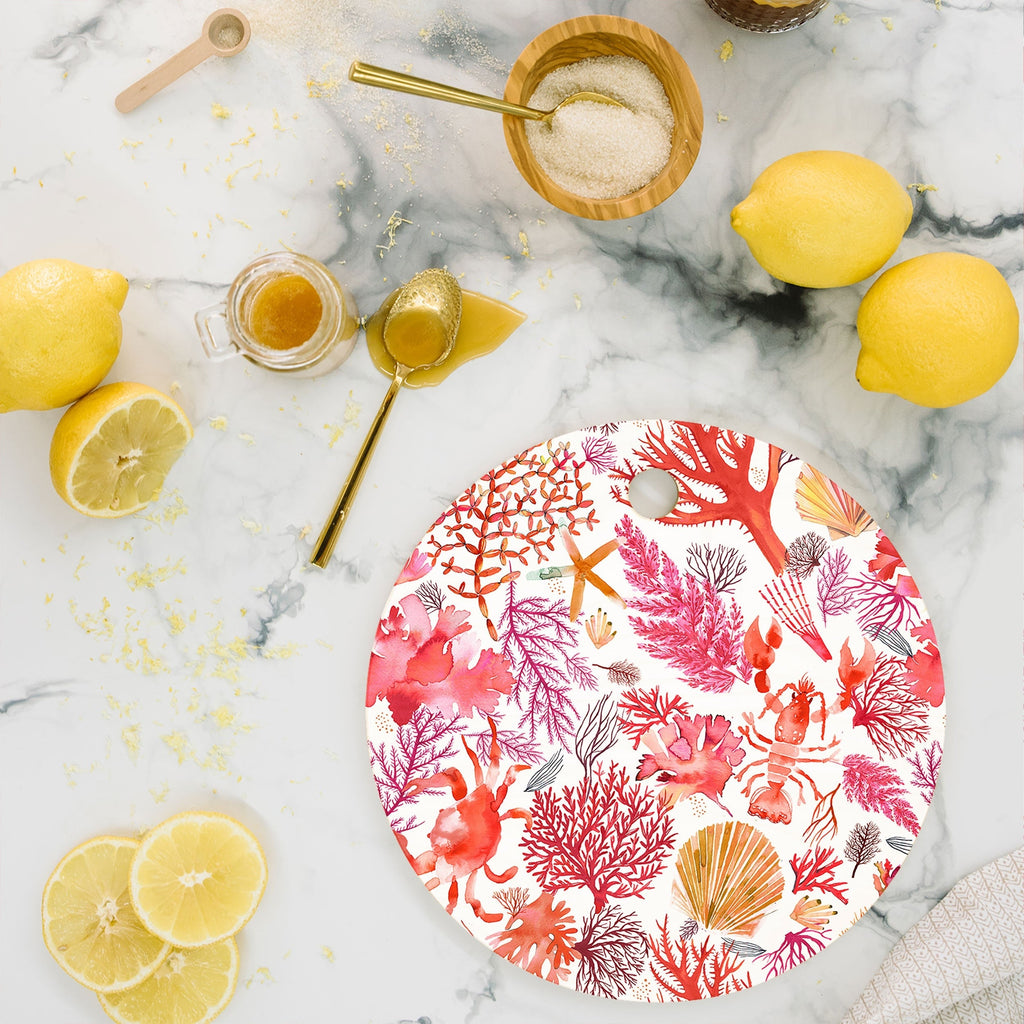 Ninola Design Botanic Retreat Coral Reef Crab Lobster Red Cutting Board Round