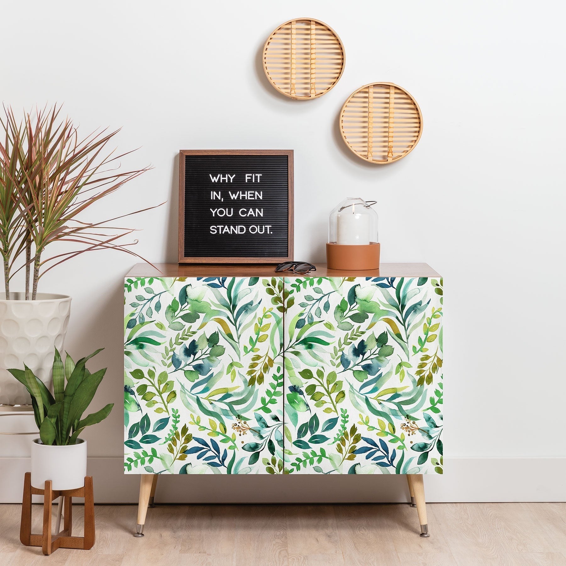 Ninola Design Botanic Retreat Loose Botanical Leaves Watercolor Green Credenza
