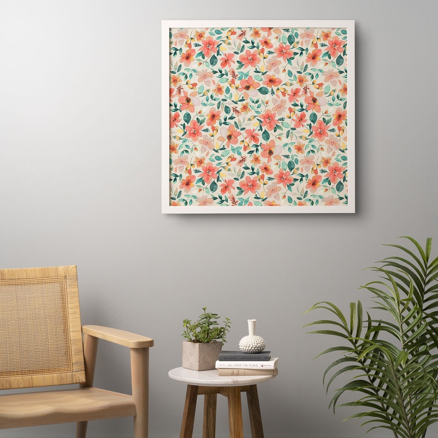 Ninola Design Botanic Retreat Tropical Whimsical Flowers Coral Green Framed Wall Art