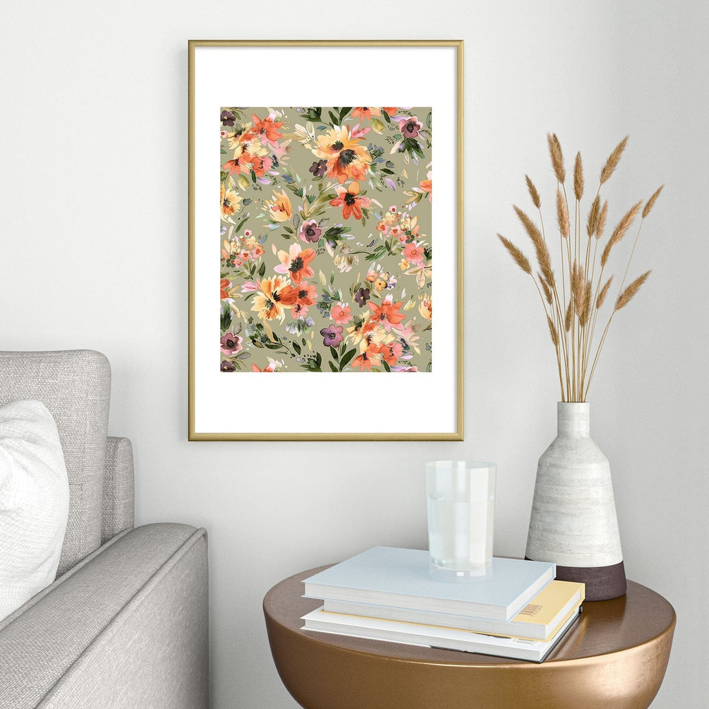 Ninola Design Botanic Retreat Painterly Tropical Flowers Sage Green Metal Framed Art Print