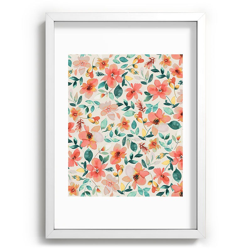Ninola Design Botanic Retreat Tropical Whimsical Flowers Coral Green Recessed Framing Rectangle