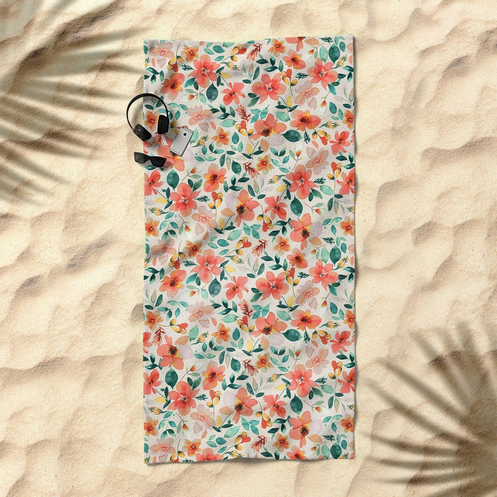 Ninola Design Botanic Retreat Tropical Whimsical Flowers Coral Green Beach Towel