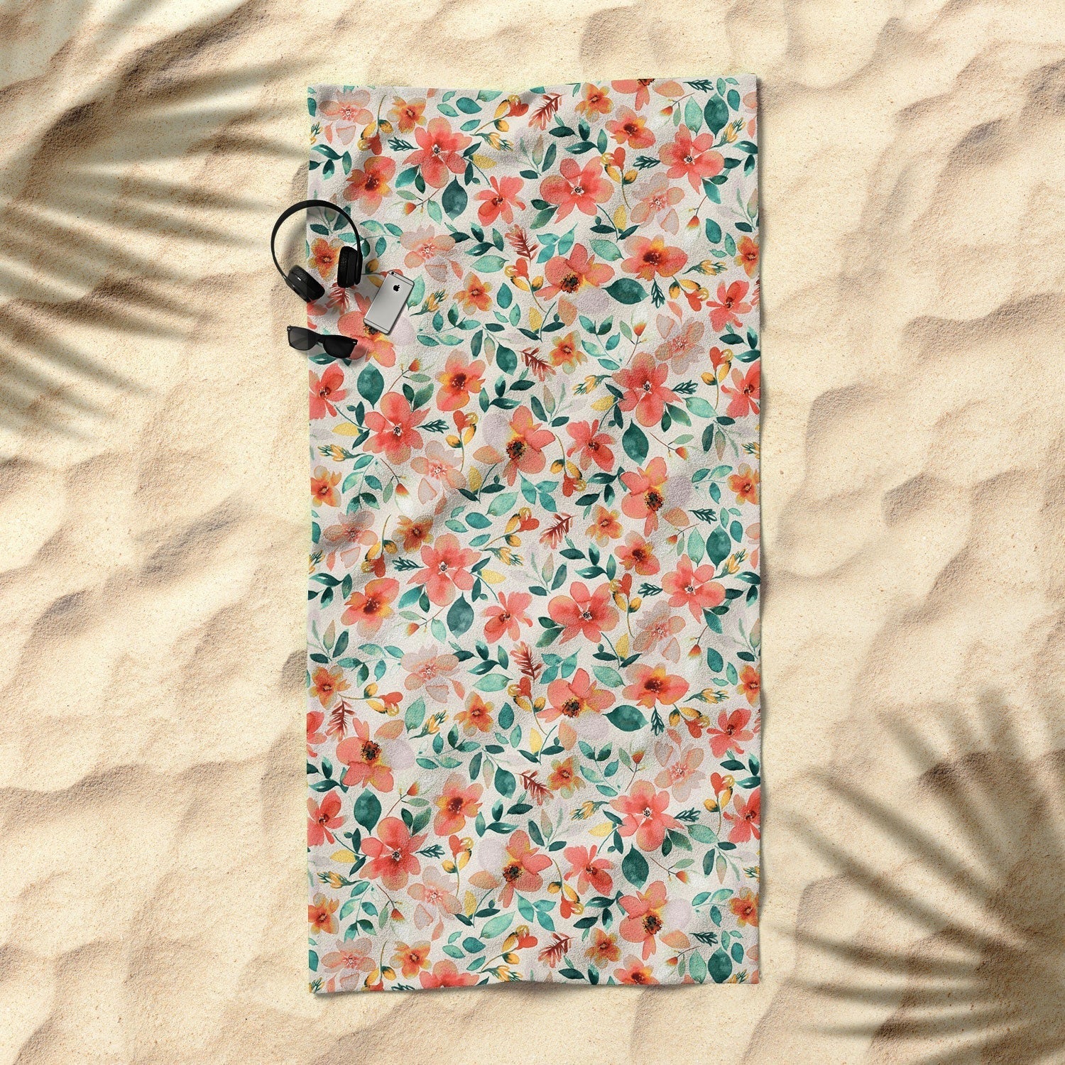 Ninola Design Botanic Retreat Tropical Whimsical Flowers Coral Green Beach Towel