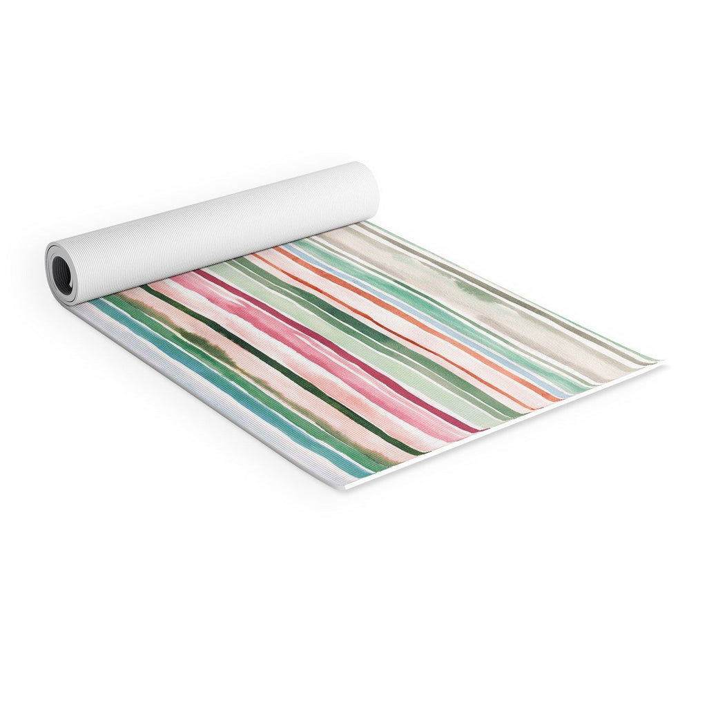 Ninola Design Botanic Retreat Watercolor Stripes Green Orange Red Yoga Mat