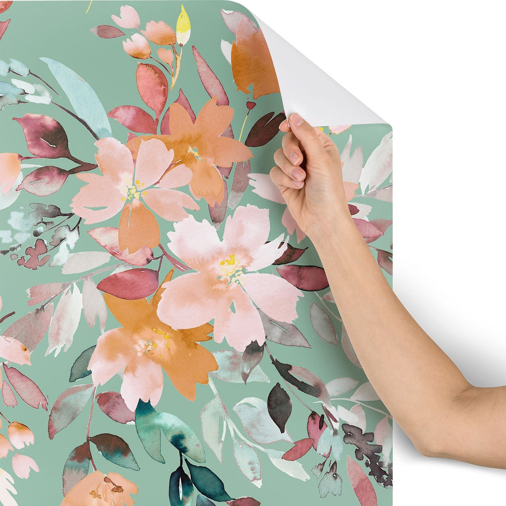 Ninola Design Botanic Retreat Floral Oleander Whimsical Teal Green Wallpaper