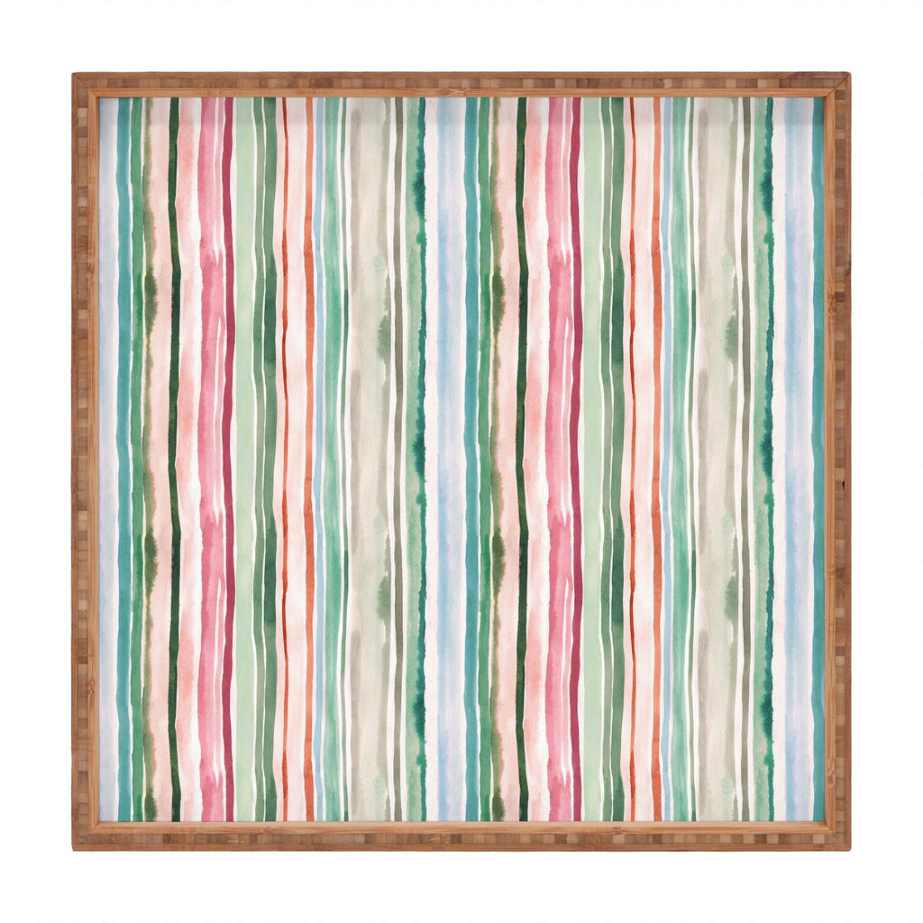 Ninola Design Botanic Retreat Watercolor Stripes Green Orange Red Square Tray