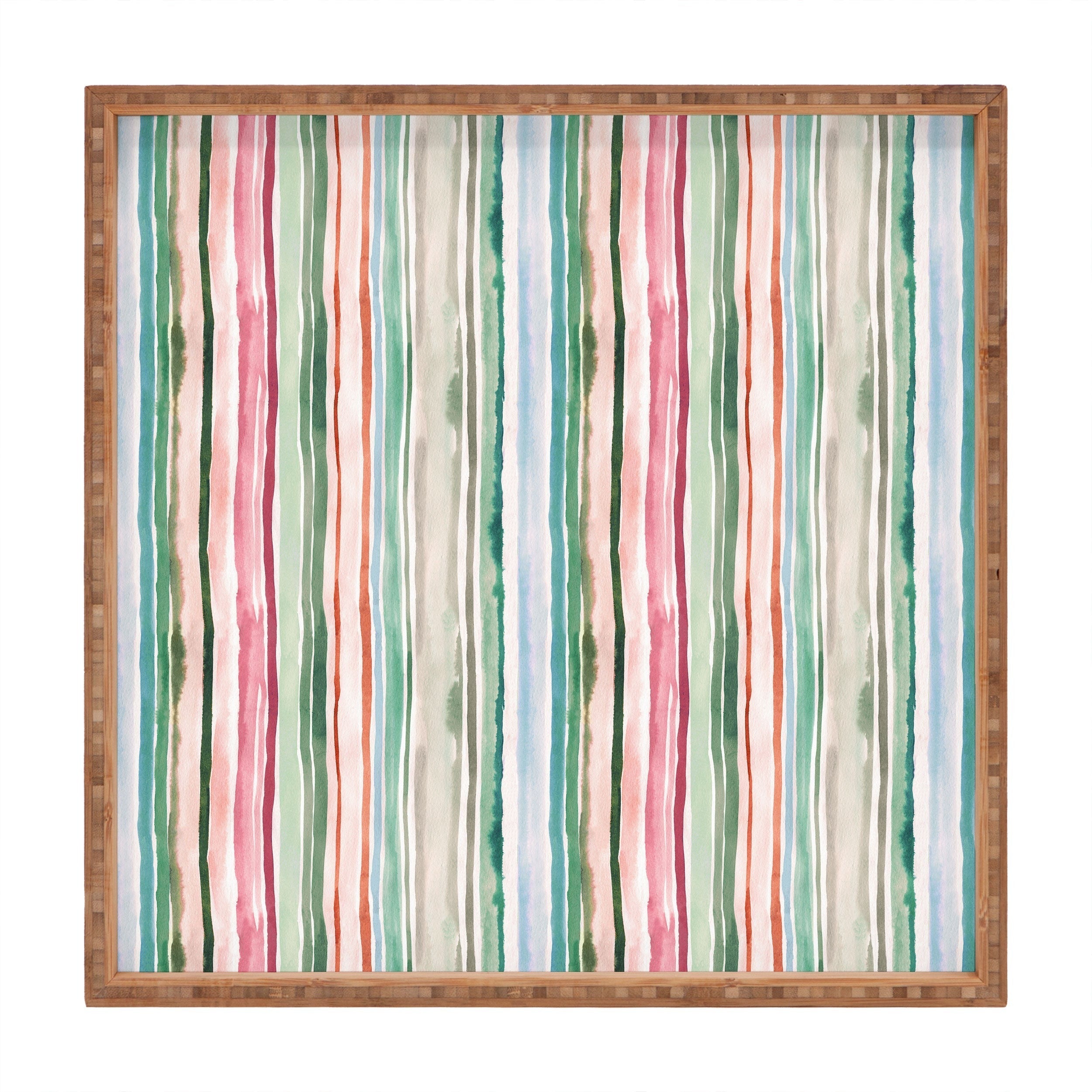 Ninola Design Botanic Retreat Watercolor Stripes Green Orange Red Square Tray