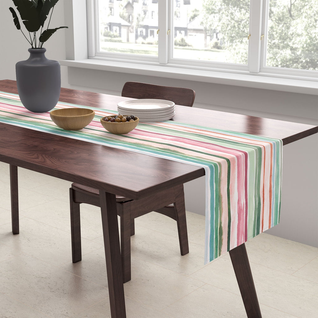 Ninola Design Botanic Retreat Watercolor Stripes Green Orange Red Table Runner