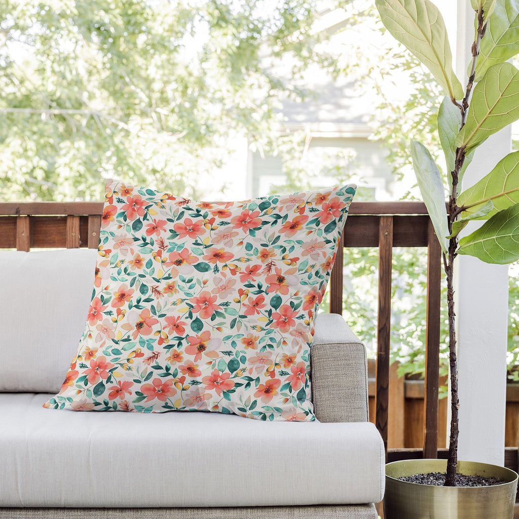 Ninola Design Botanic Retreat Tropical Whimsical Flowers Coral Green Outdoor Throw Pillow