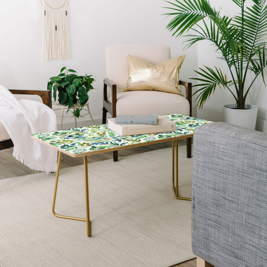 Ninola Design Botanic Retreat Loose Botanical Leaves Watercolor Green Coffee Table