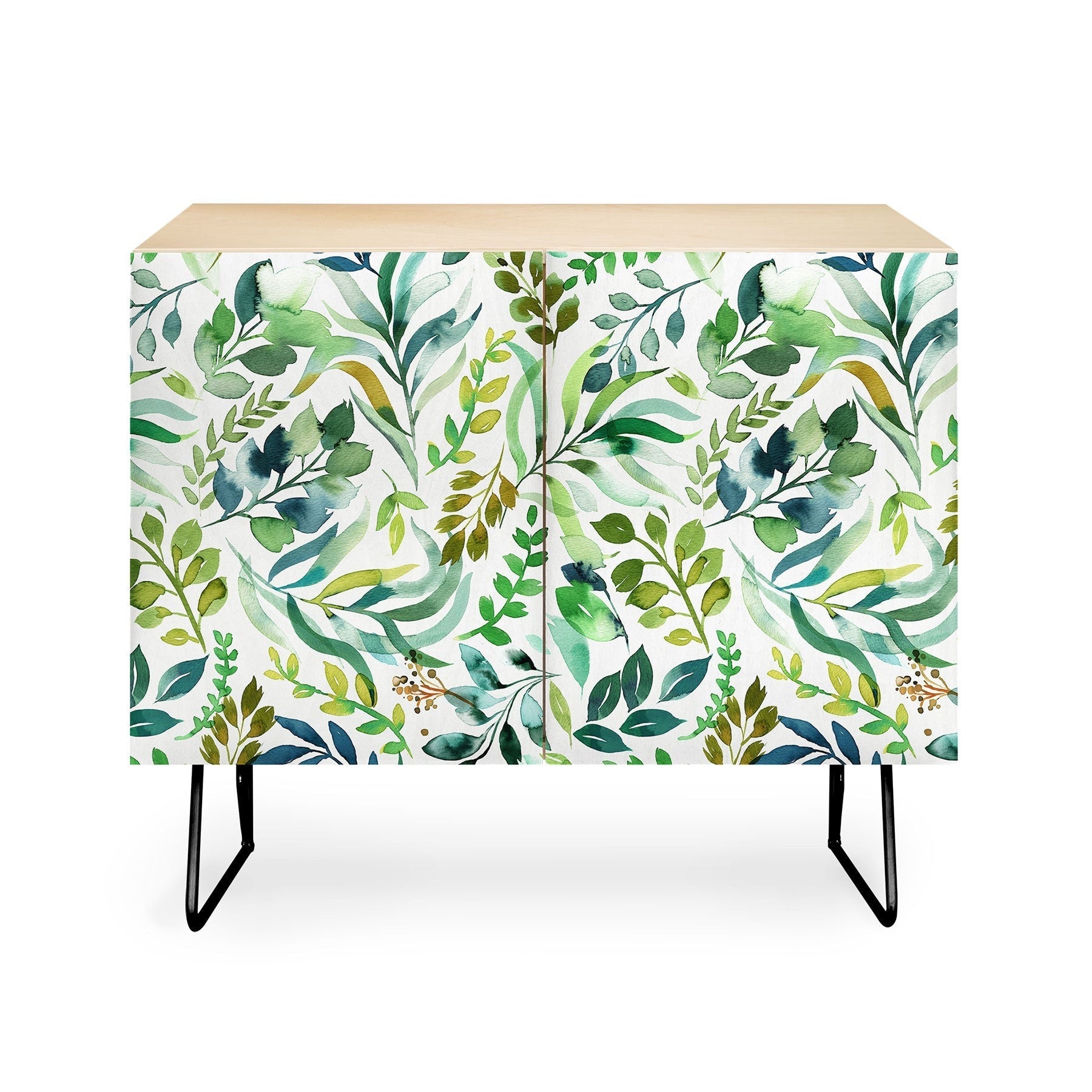 Ninola Design Botanic Retreat Loose Botanical Leaves Watercolor Green Credenza