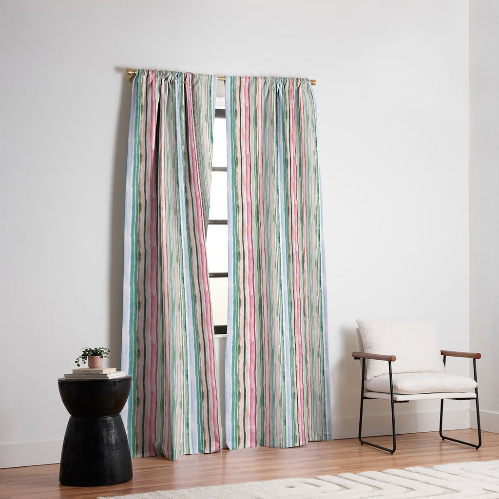 Ninola Design Botanic Retreat Watercolor Stripes Green Orange Red Blackout Window Curtain