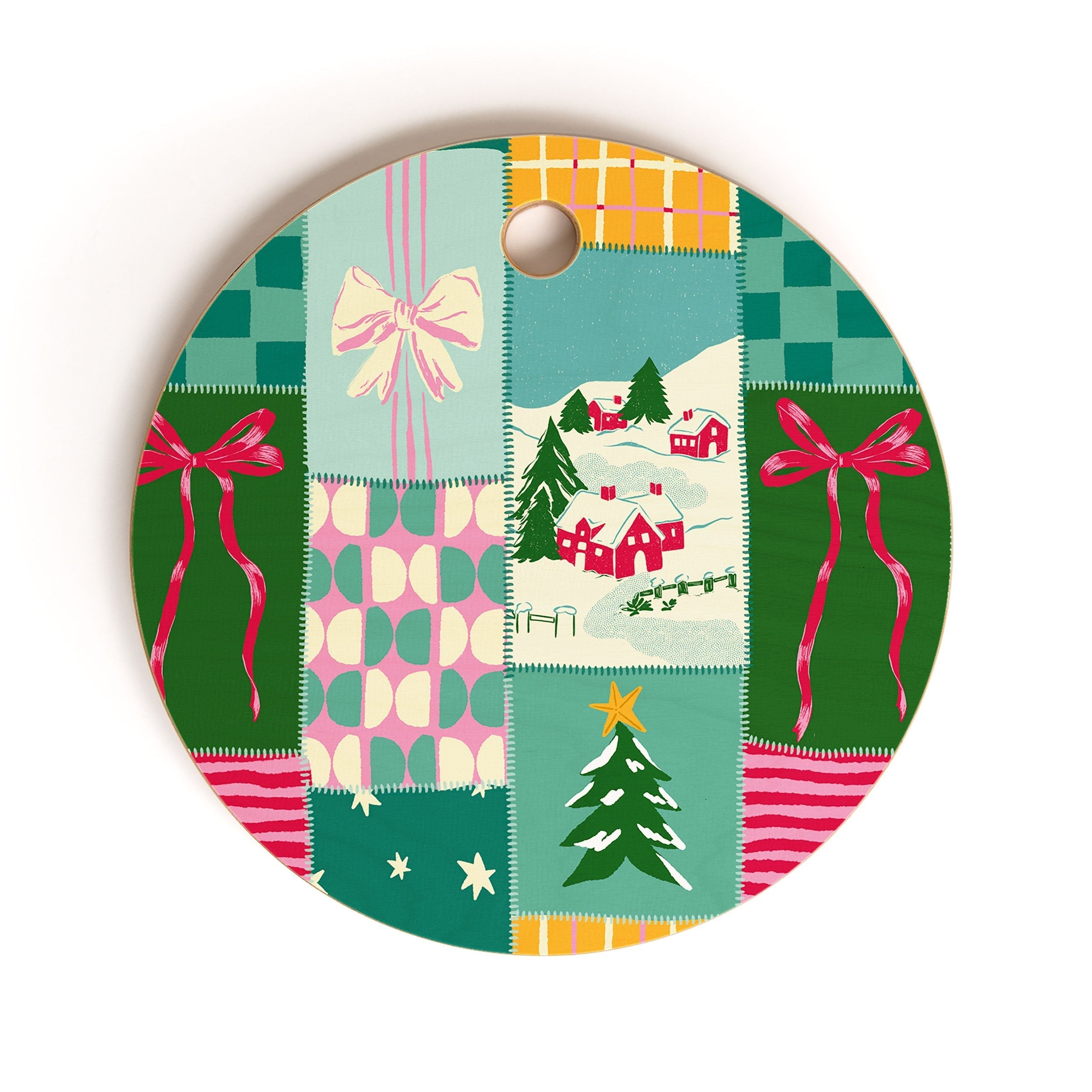 LouBruzzoni Cozy Christmas Patchwork Cutting Board Round
