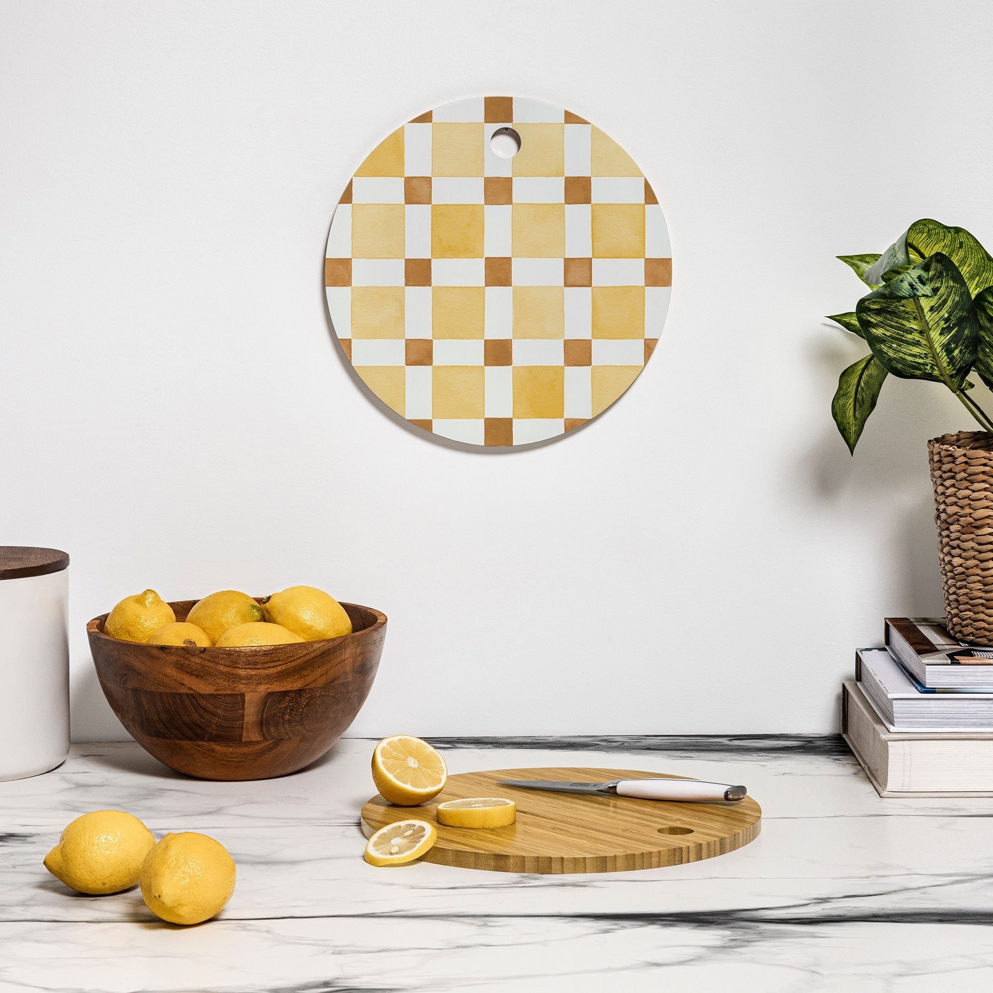 Ninola Design Everyday Artifact Checker Mosaic Tiles Geometry Yellow Cutting Board Round