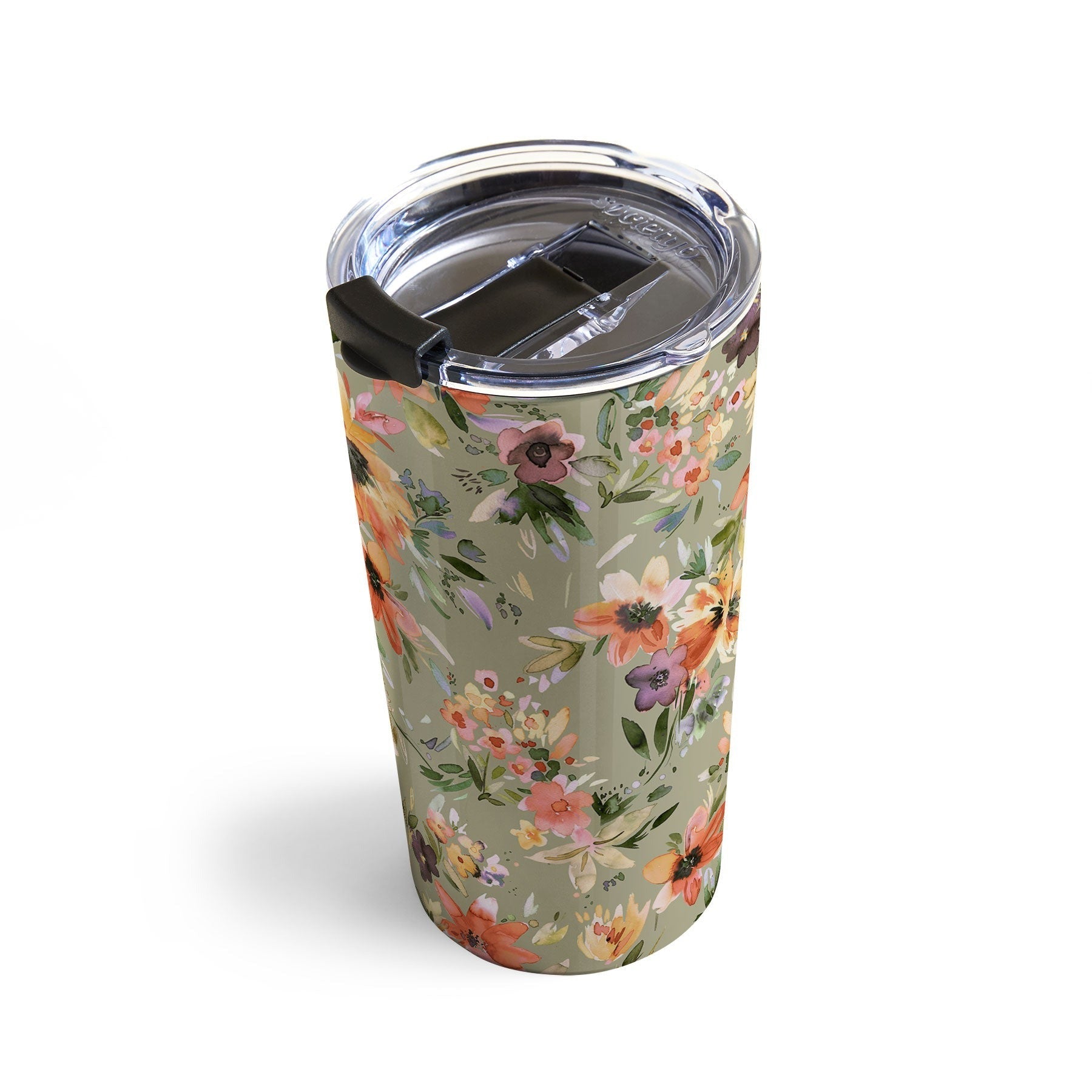 Ninola Design Botanic Retreat Painterly Tropical Flowers Sage Green Travel Mug