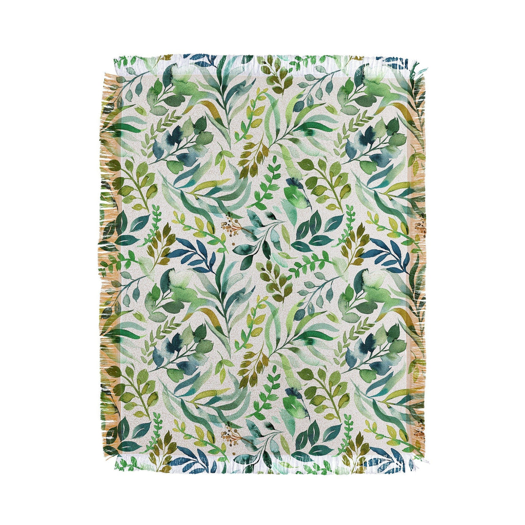 Ninola Design Botanic Retreat Loose Botanical Leaves Watercolor Green Throw Blanket