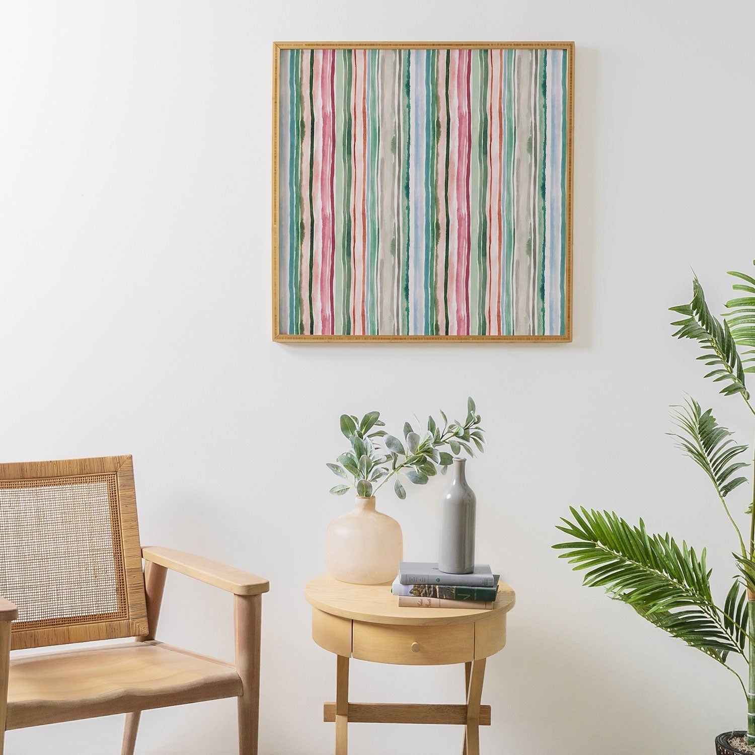 Ninola Design Botanic Retreat Watercolor Stripes Green Orange Red Framed Wall Art