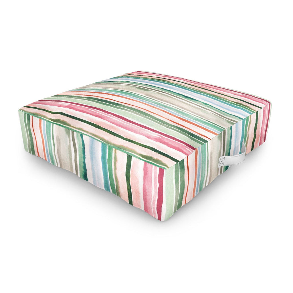 Ninola Design Botanic Retreat Watercolor Stripes Green Orange Red Outdoor Floor Cushion