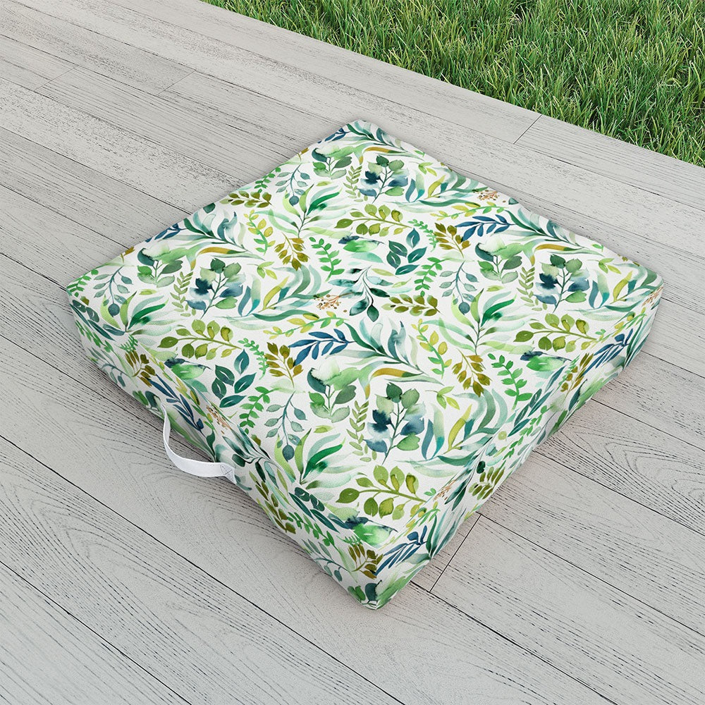 Ninola Design Botanic Retreat Loose Botanical Leaves Watercolor Green Outdoor Floor Cushion