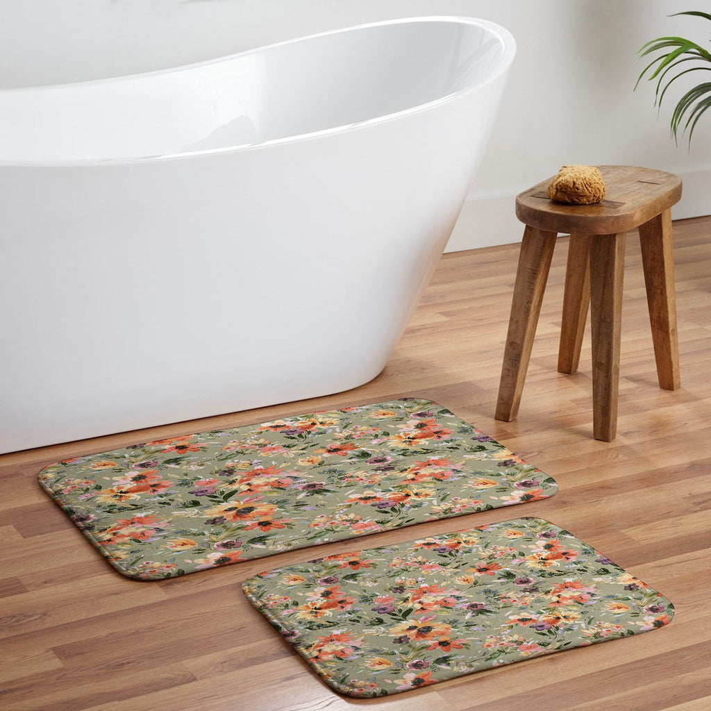 Ninola Design Botanic Retreat Painterly Tropical Flowers Sage Green Memory Foam Bath Mat