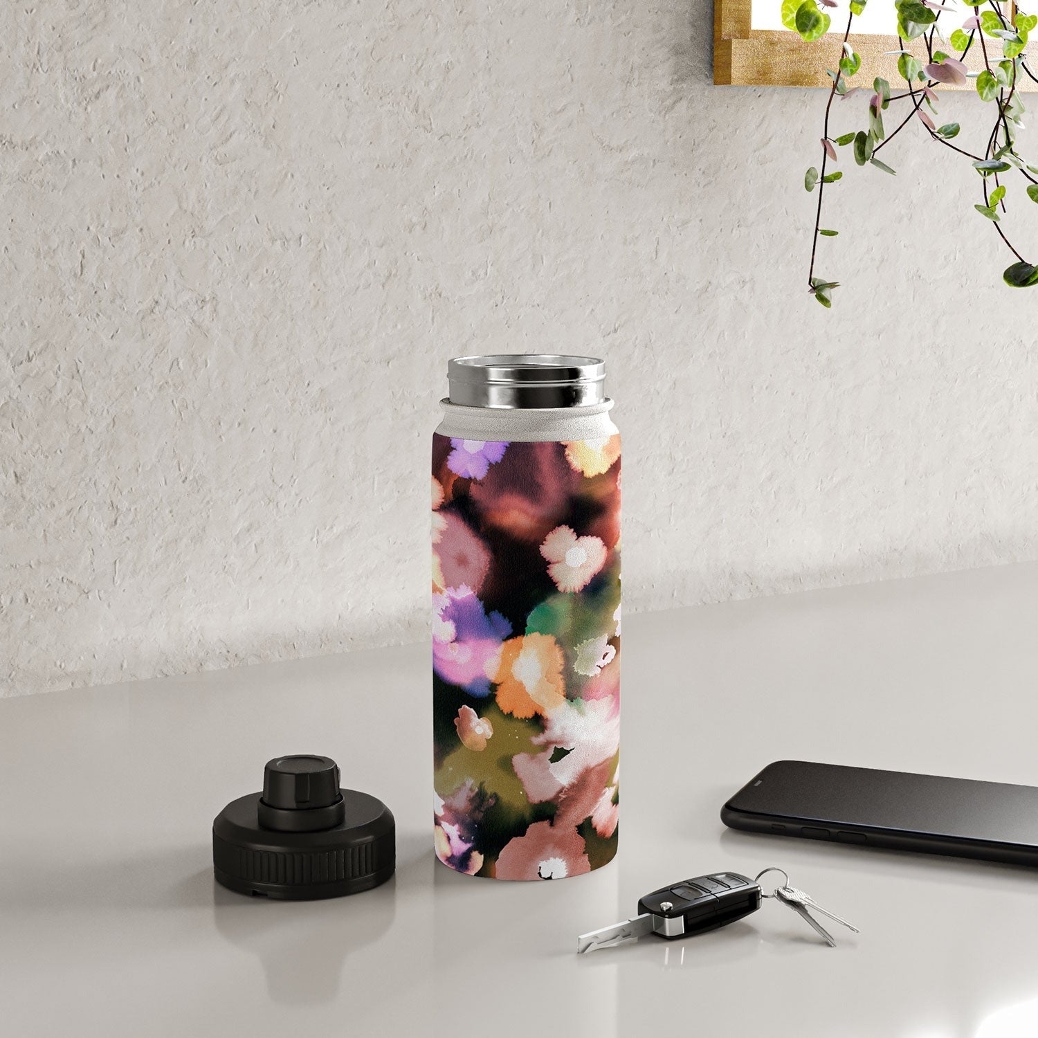 Ninola Design Botanic Retreat Ombre Abstract Watercolor Flowers Pink gold Water Bottle