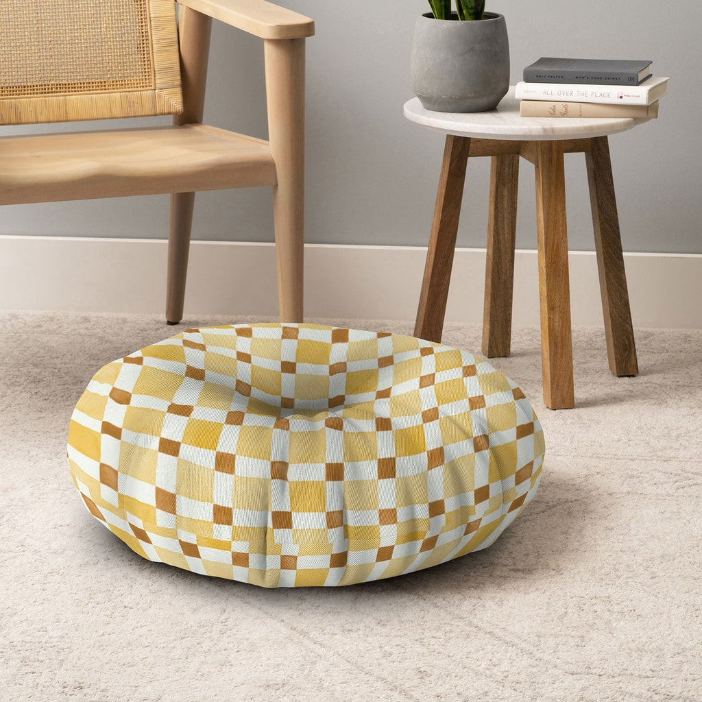 Ninola Design Everyday Artifact Checker Mosaic Tiles Geometry Yellow Floor Pillow Round