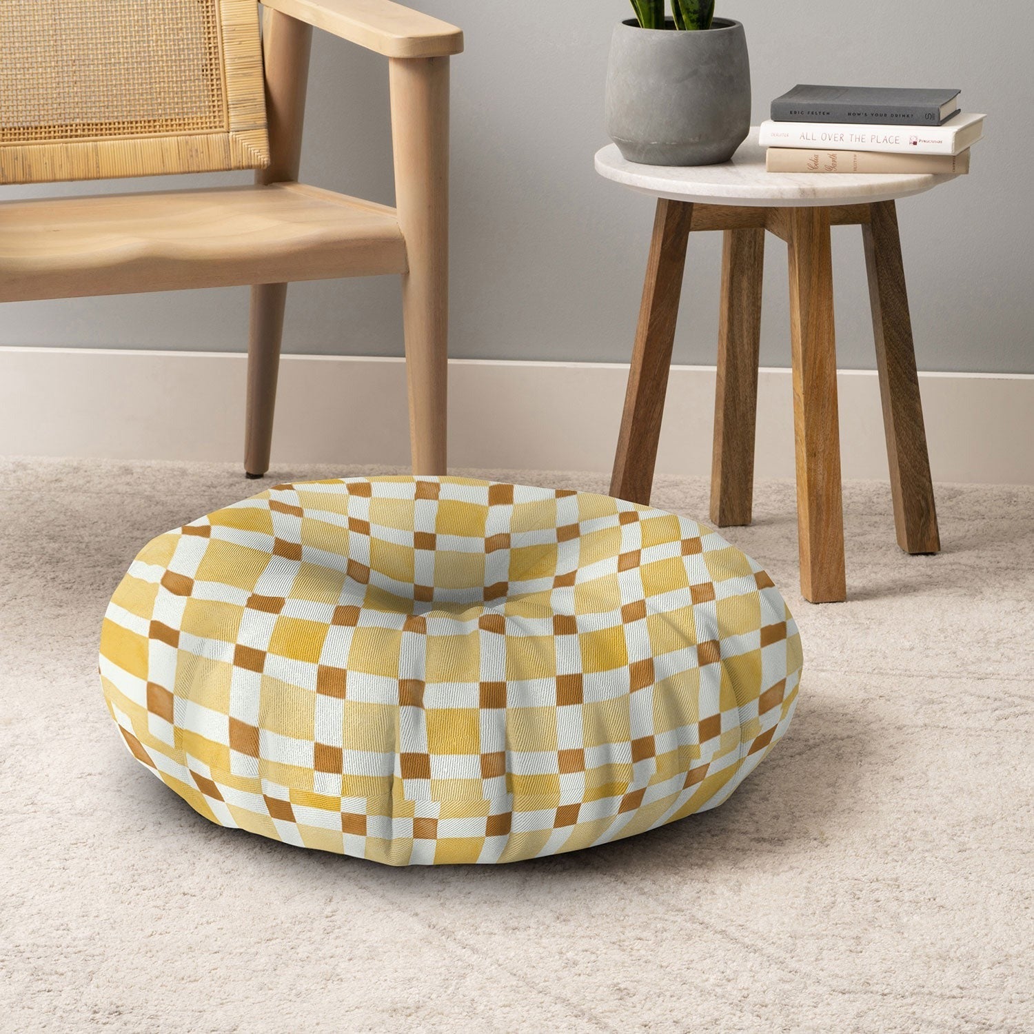 Ninola Design Everyday Artifact Checker Mosaic Tiles Geometry Yellow Floor Pillow Round