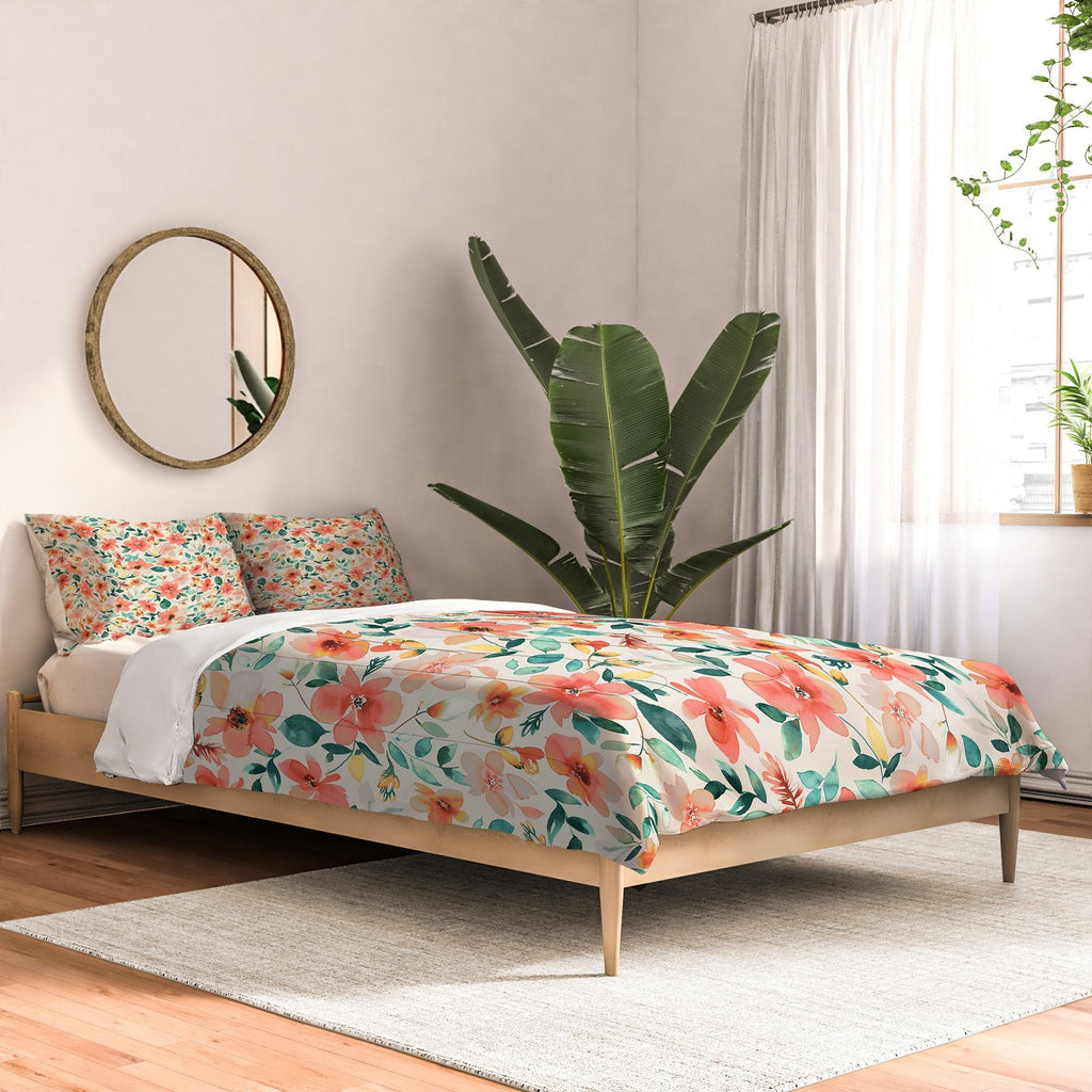 Ninola Design Botanic Retreat Tropical Whimsical Flowers Coral Green Comforter