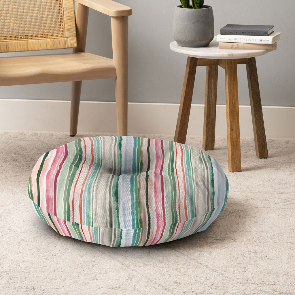 Ninola Design Botanic Retreat Watercolor Stripes Green Orange Red Floor Pillow Round