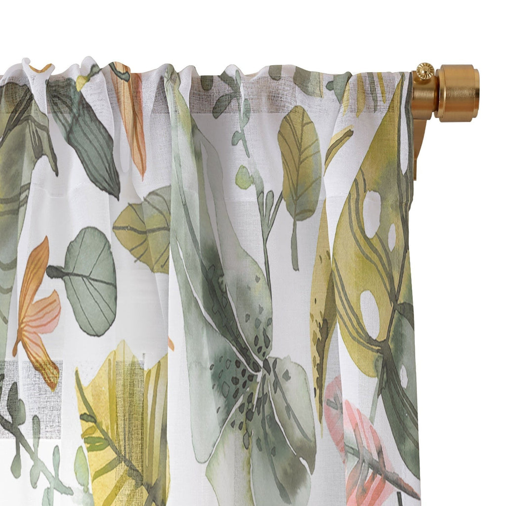 Ninola Design Botanic Retreat Tropical Jungle Leaves Botanical Green Orange Sheer Non Repeat