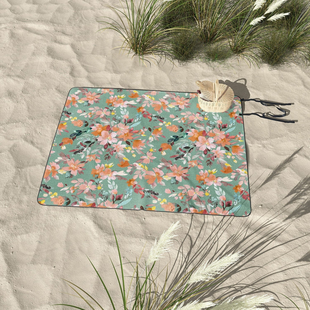 Ninola Design Botanic Retreat Floral Oleander Whimsical Teal Green Picnic Blanket