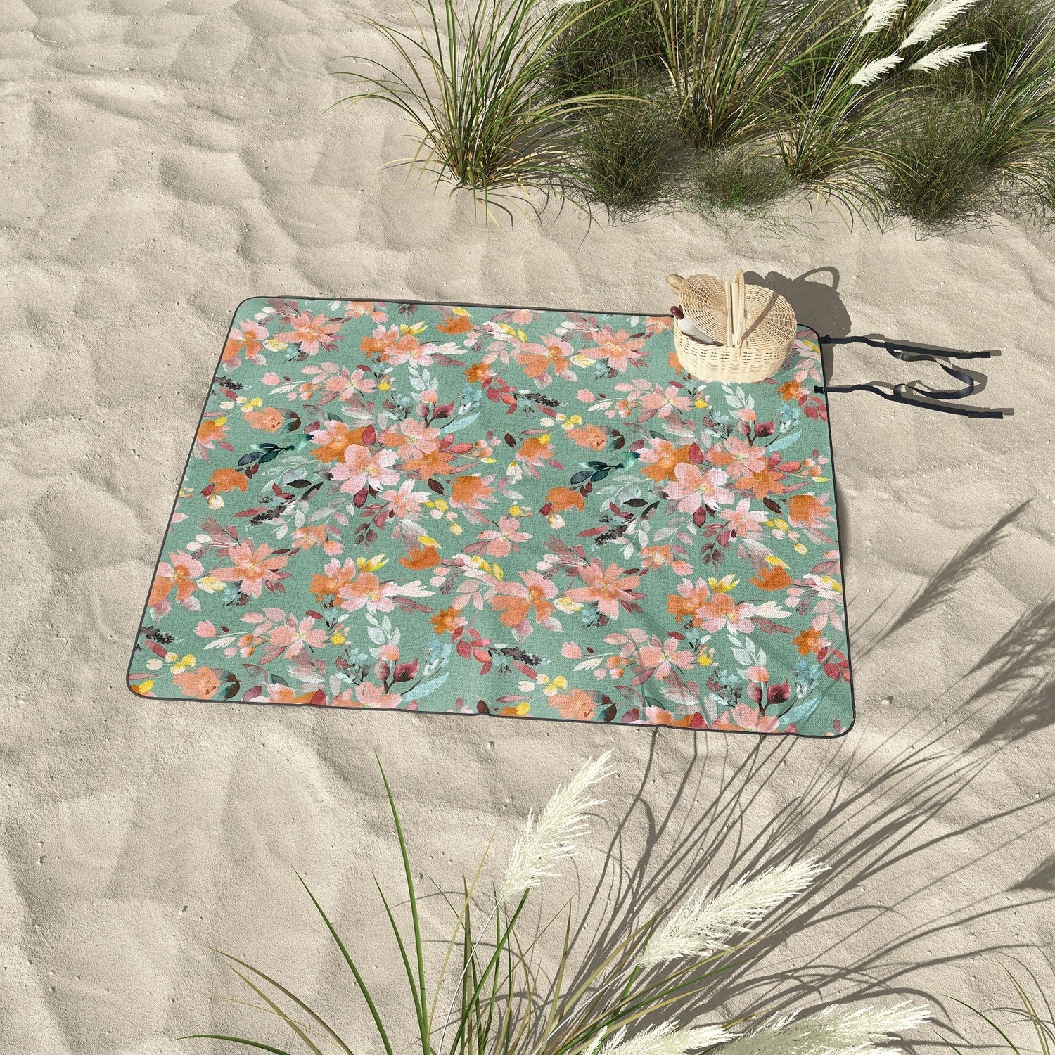 Ninola Design Botanic Retreat Floral Oleander Whimsical Teal Green Picnic Blanket