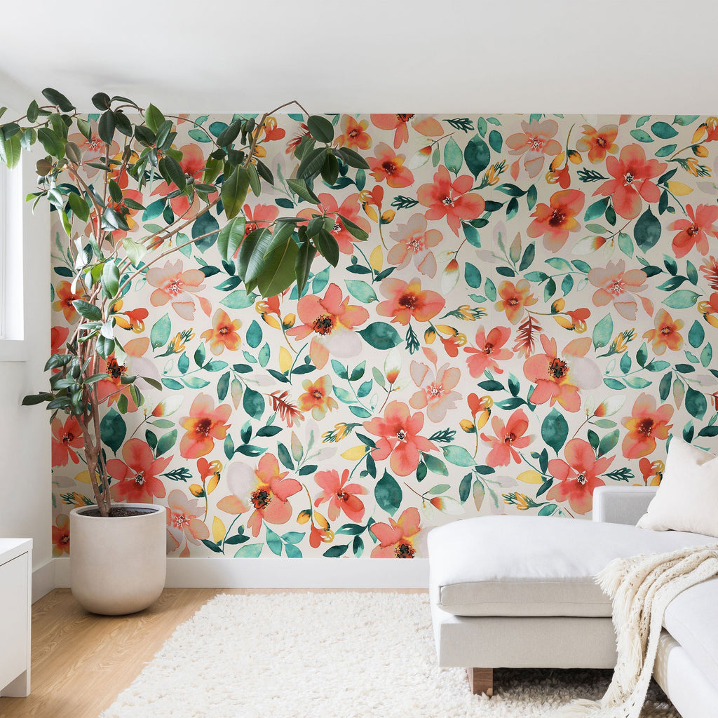 Ninola Design Botanic Retreat Tropical Whimsical Flowers Coral Green Wall Mural