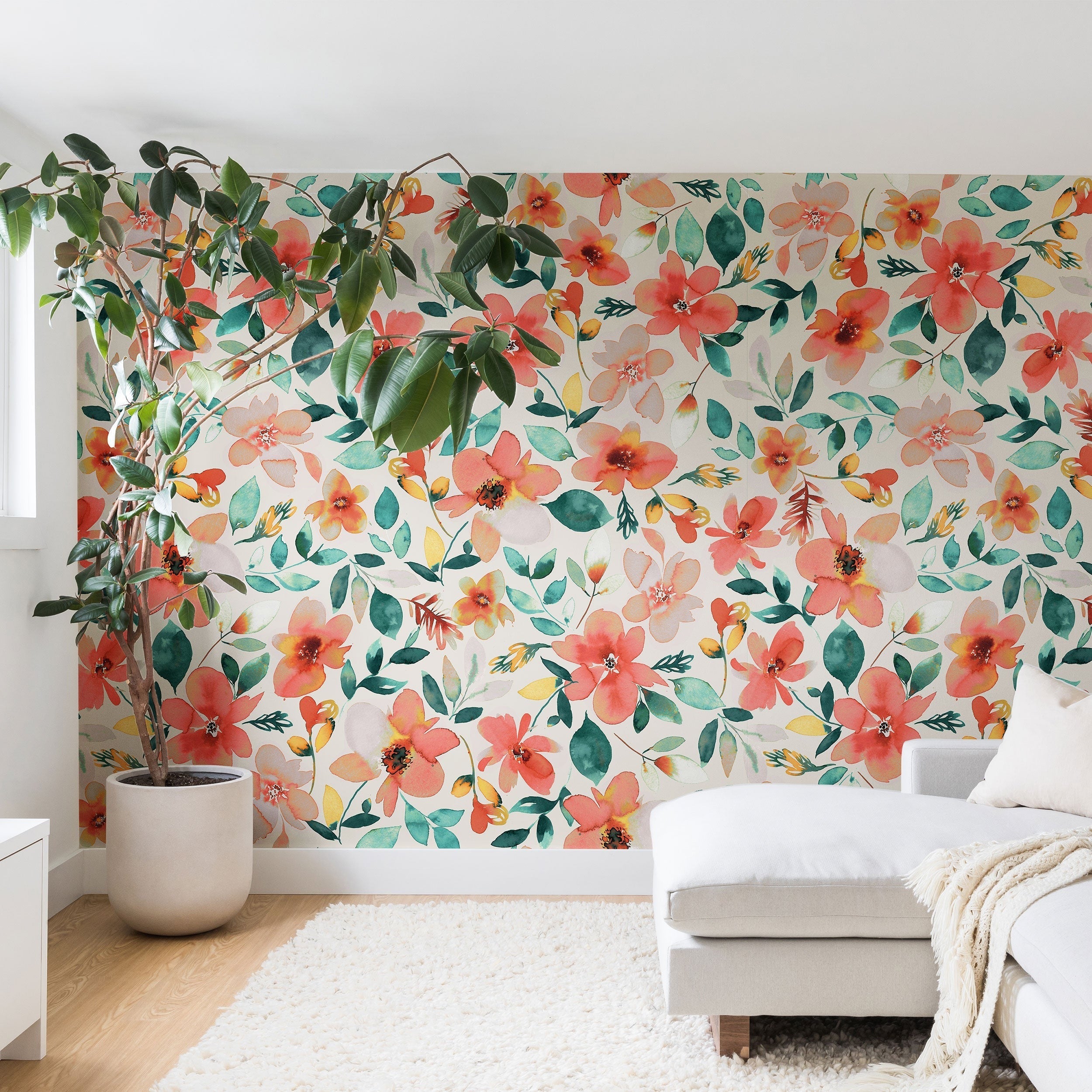 Ninola Design Botanic Retreat Tropical Whimsical Flowers Coral Green Wall Mural