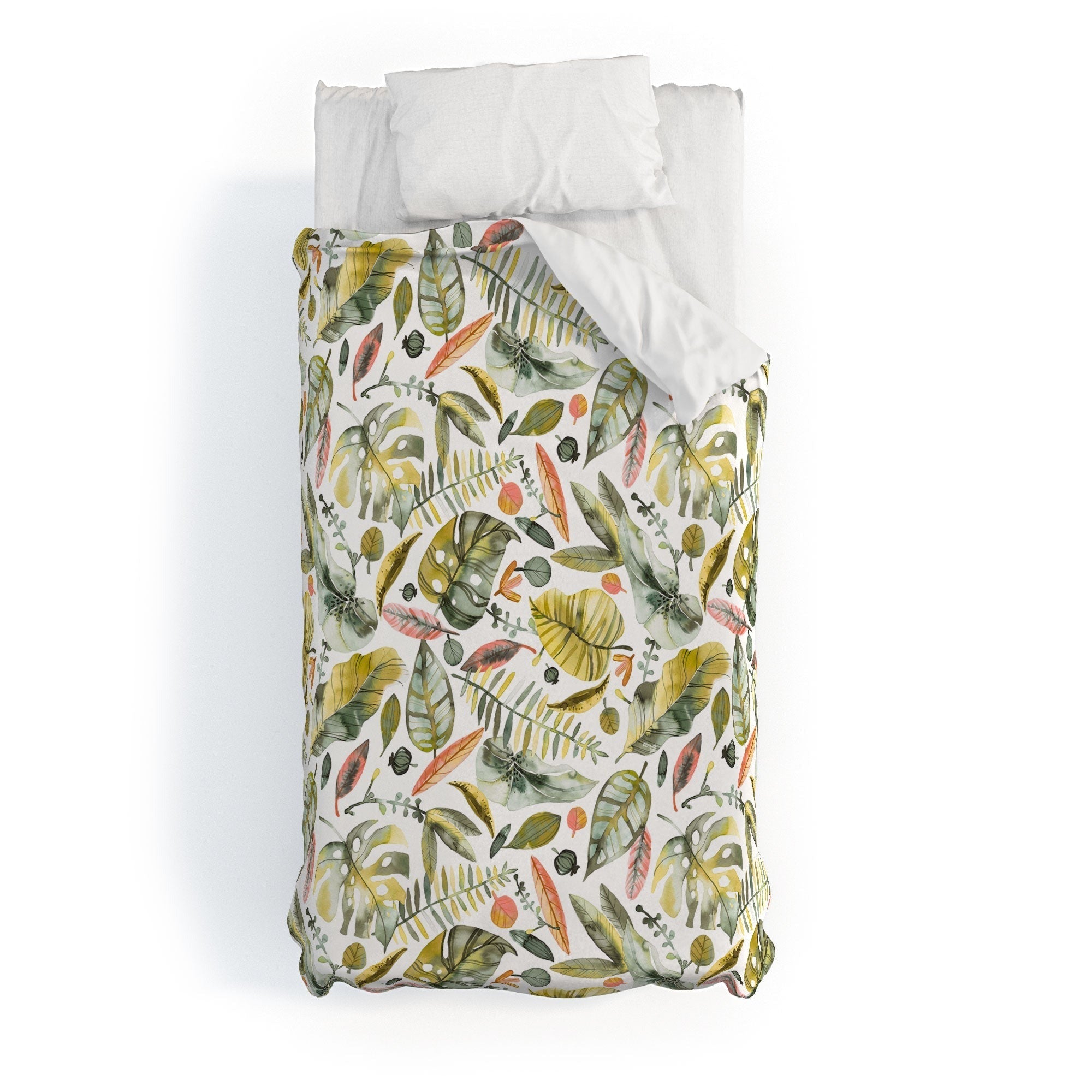 Ninola Design Botanic Retreat Tropical Jungle Leaves Botanical Green Orange Duvet Cover