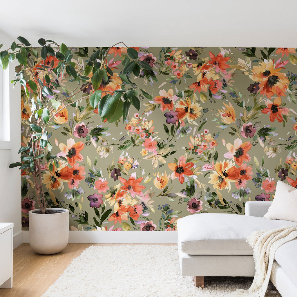 Ninola Design Botanic Retreat Painterly Tropical Flowers Sage Green Wall Mural