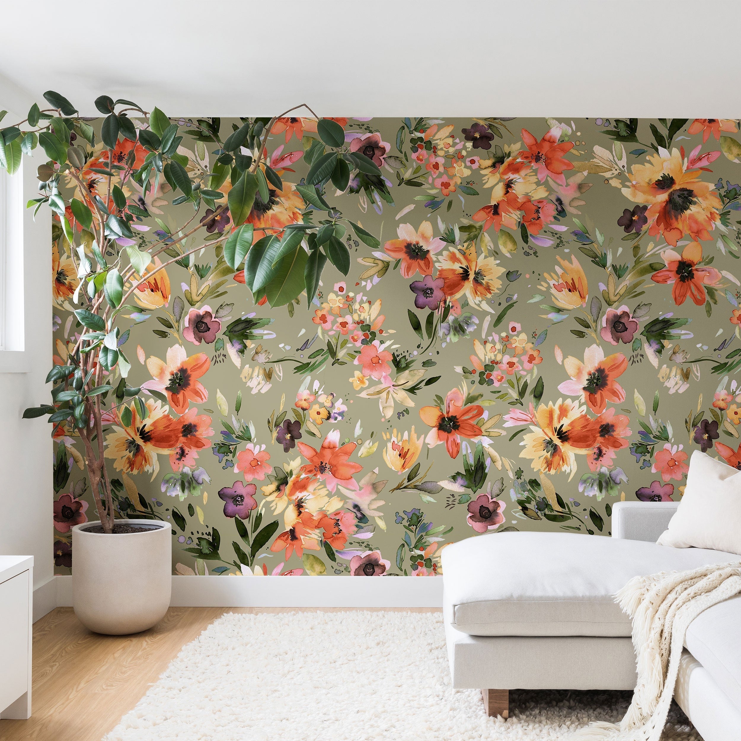 Ninola Design Botanic Retreat Painterly Tropical Flowers Sage Green Wall Mural
