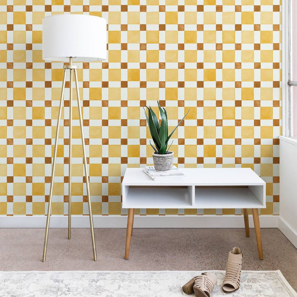 Ninola Design Everyday Artifact Checker Mosaic Tiles Geometry Yellow Wallpaper