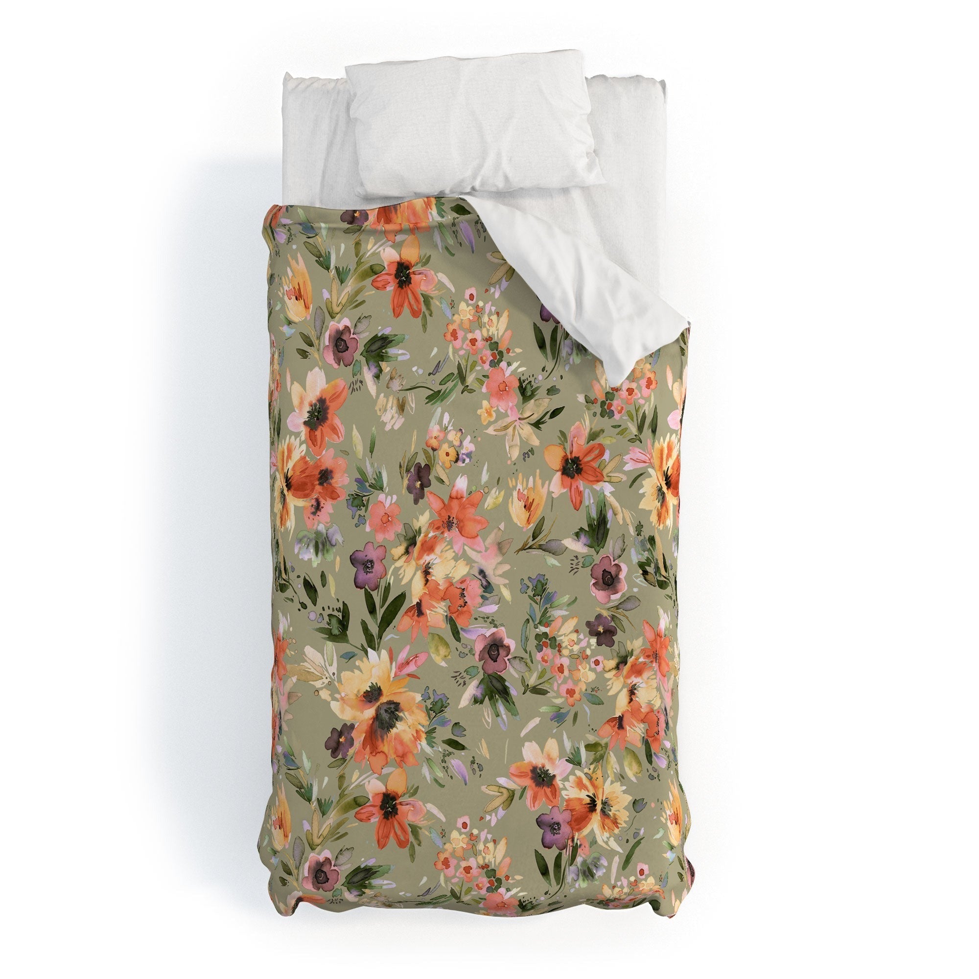 Ninola Design Botanic Retreat Painterly Tropical Flowers Sage Green Duvet Cover