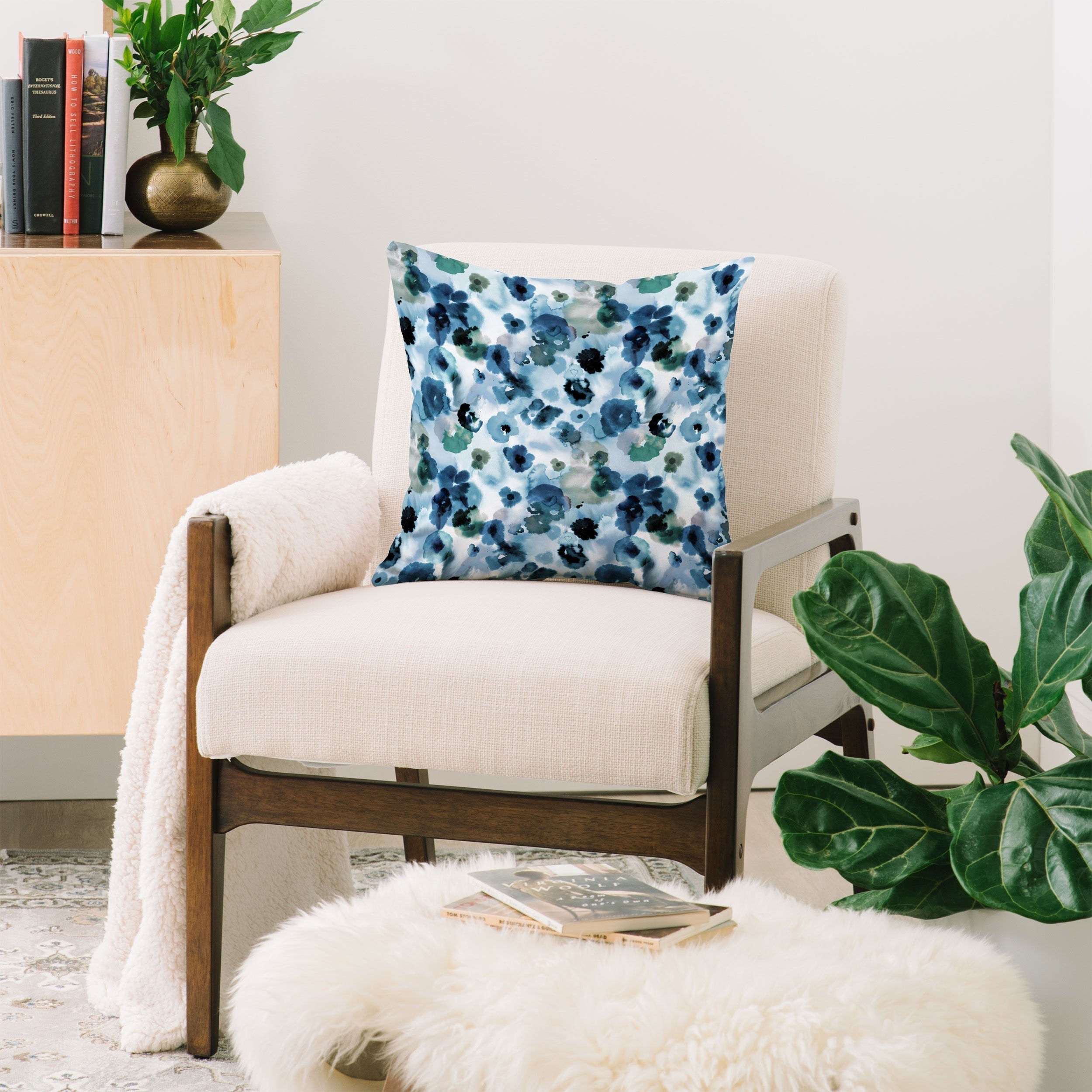 Ninola Design Botanic Retreat Ombre Abstract Watercolor Flowers Blue Navy Throw Pillow