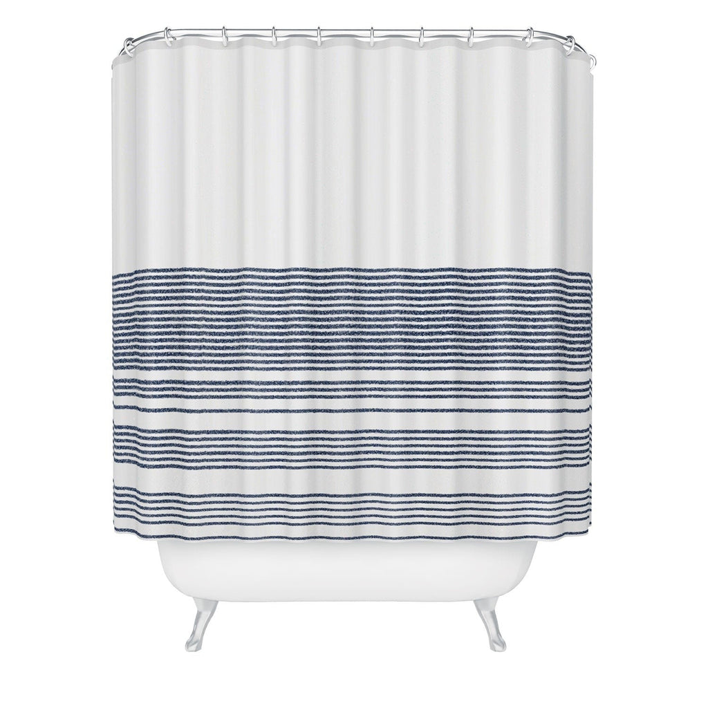 Kierkegaard Design Studio organic stripes naut navy blue and white Shower Curtain