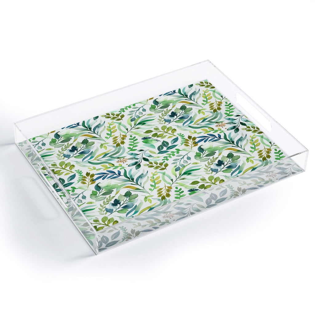 Ninola Design Botanic Retreat Loose Botanical Leaves Watercolor Green Acrylic Tray