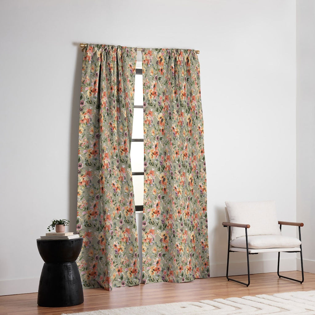 Ninola Design Botanic Retreat Painterly Tropical Flowers Sage Green Blackout Window Curtain