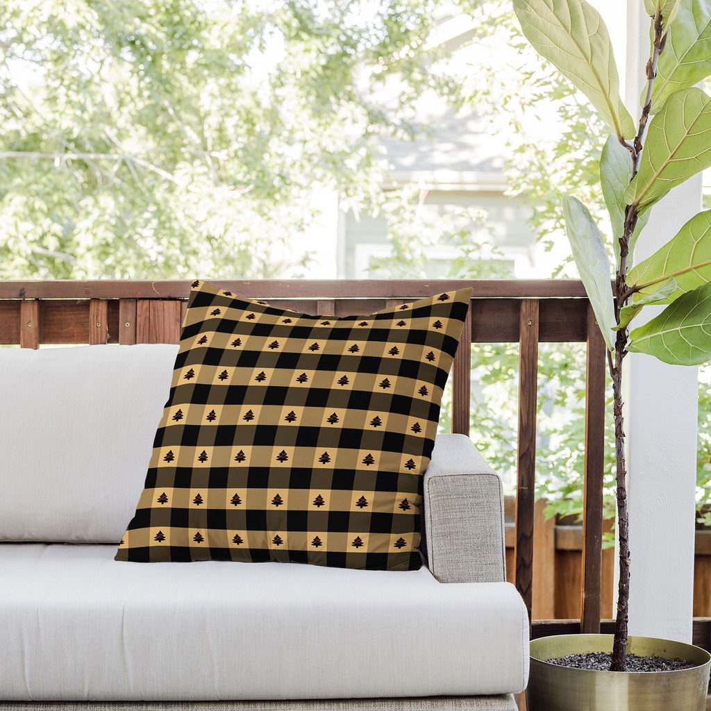 Design by Spark Black Gold Tree Tree Gingham Outdoor Throw Pillow