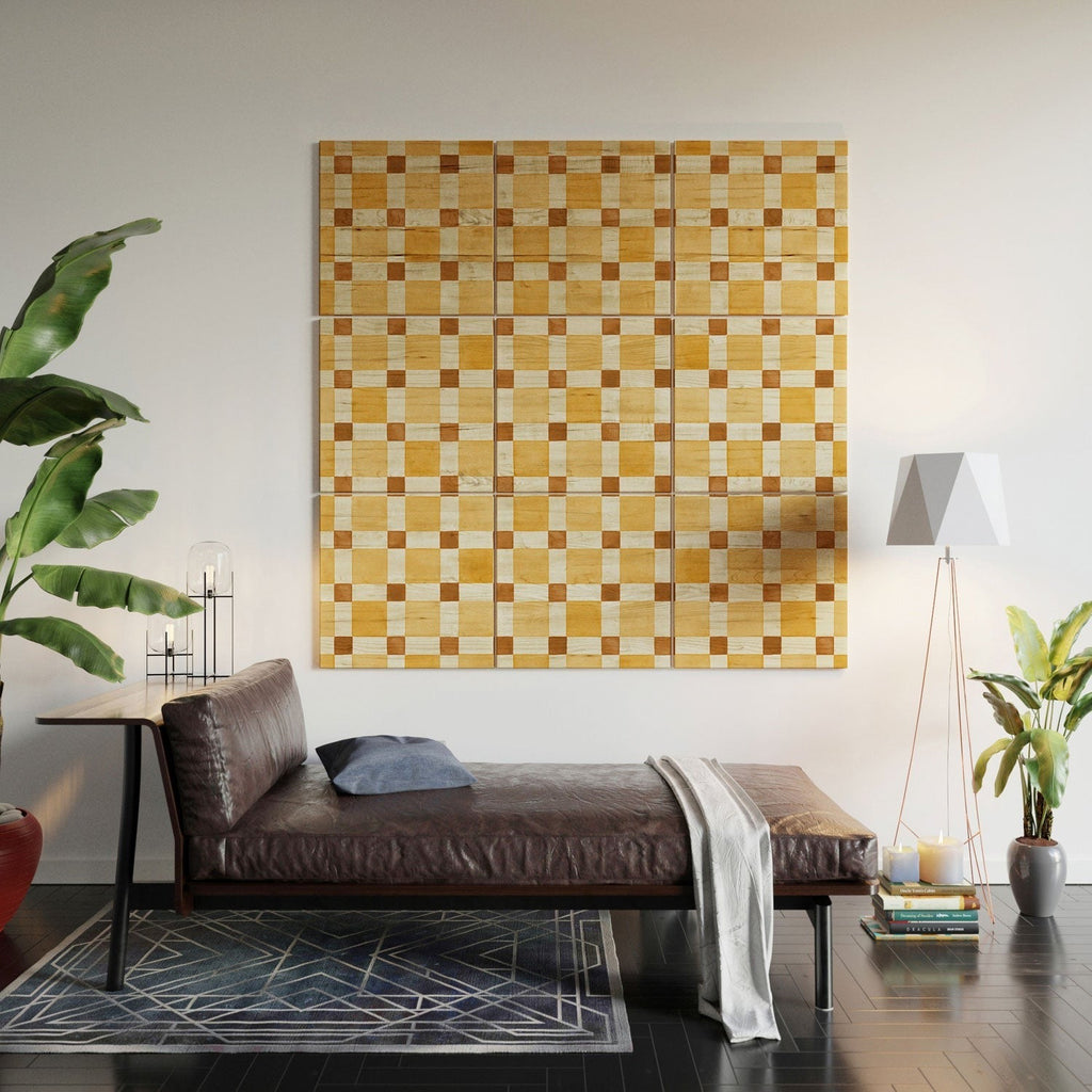 Ninola Design Everyday Artifact Checker Mosaic Tiles Geometry Yellow Wood Wall Mural