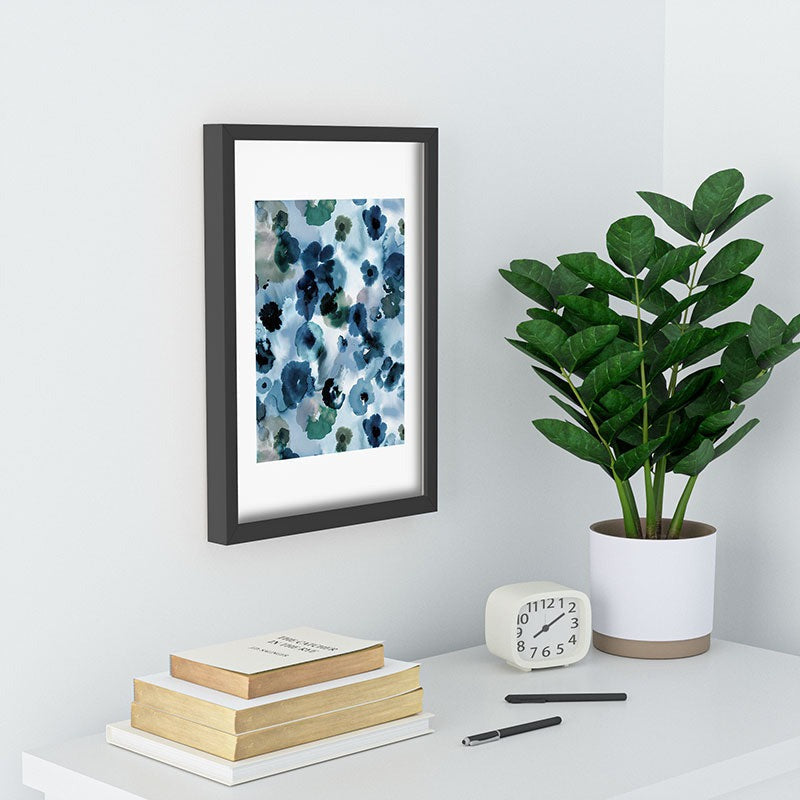 Ninola Design Botanic Retreat Ombre Abstract Watercolor Flowers Blue Navy Recessed Framing Rectangle