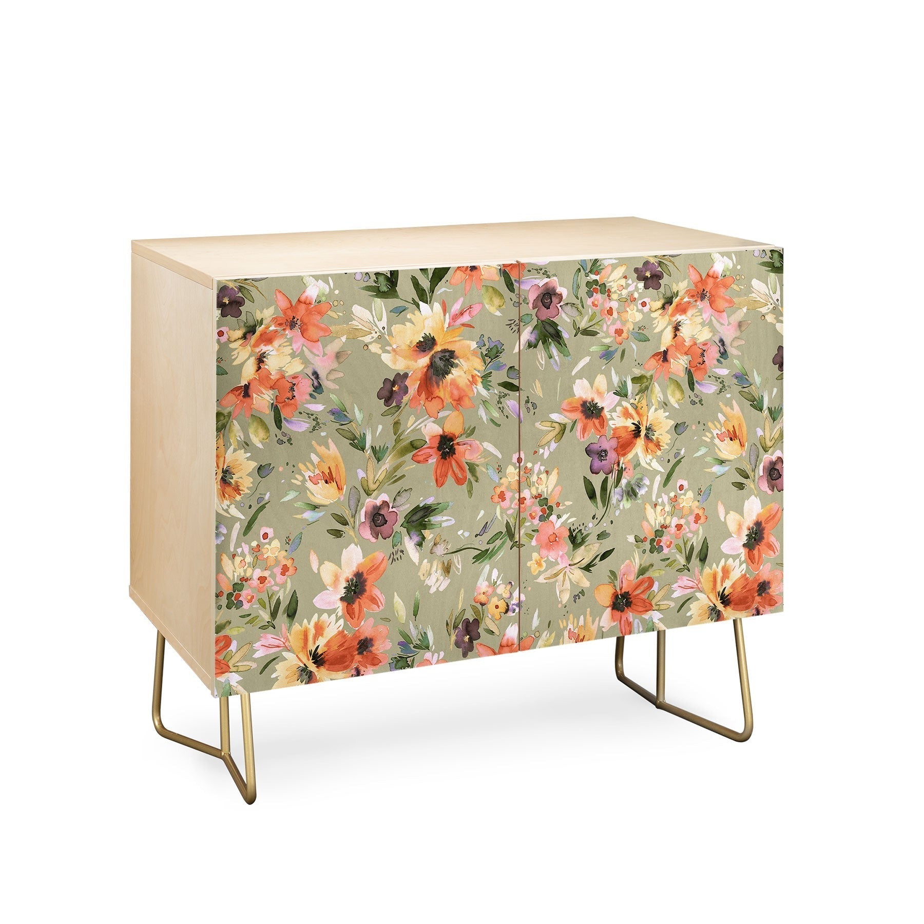 Ninola Design Botanic Retreat Painterly Tropical Flowers Sage Green Credenza